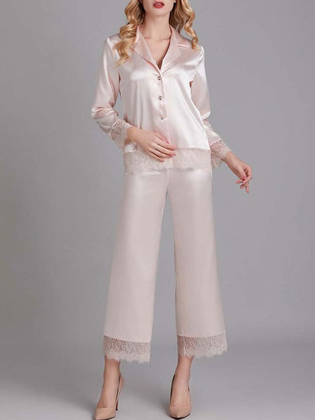 Lace Embellished Long Sleeves Sleepwear Pajamas 2 Piece