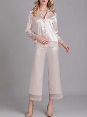 Lace Embellished Long Sleeves Sleepwear Pajamas 2 Piece
