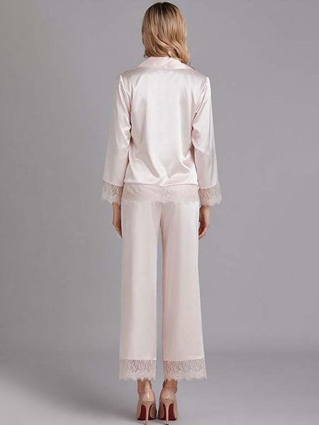 Lace Embellished Long Sleeves Sleepwear Pajamas 2 Piece