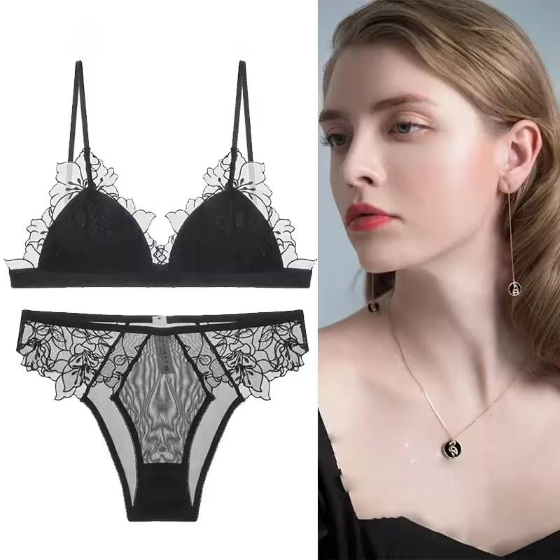 Lace Embroidered Lingerie Thin Cup Triangle Cup Bra Set Comfortable No Underwire