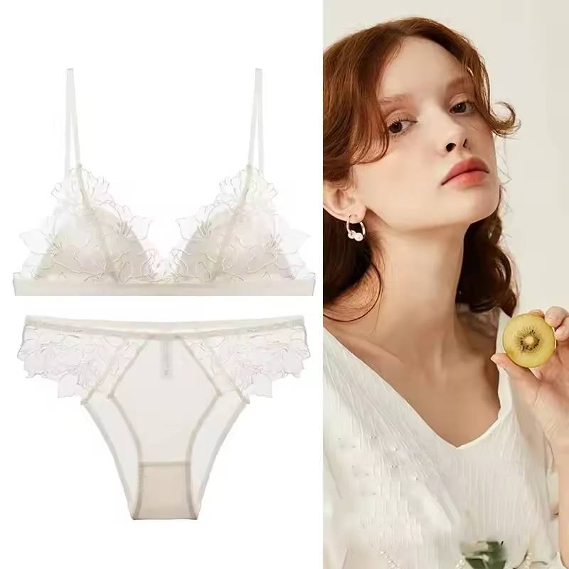 Lace Embroidered Lingerie Thin Cup Triangle Cup Bra Set Comfortable No Underwire