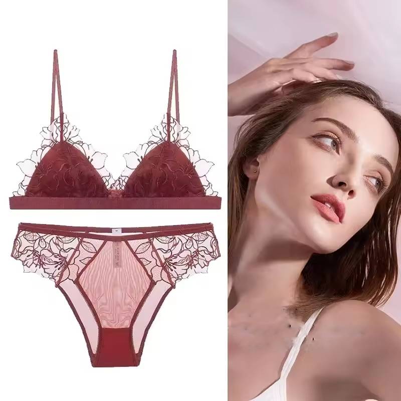 Lace Embroidered Lingerie Thin Cup Triangle Cup Bra Set Comfortable No Underwire
