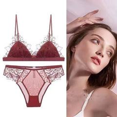 Lace Embroidered Lingerie Thin Cup Triangle Cup Bra Set Comfortable No Underwire