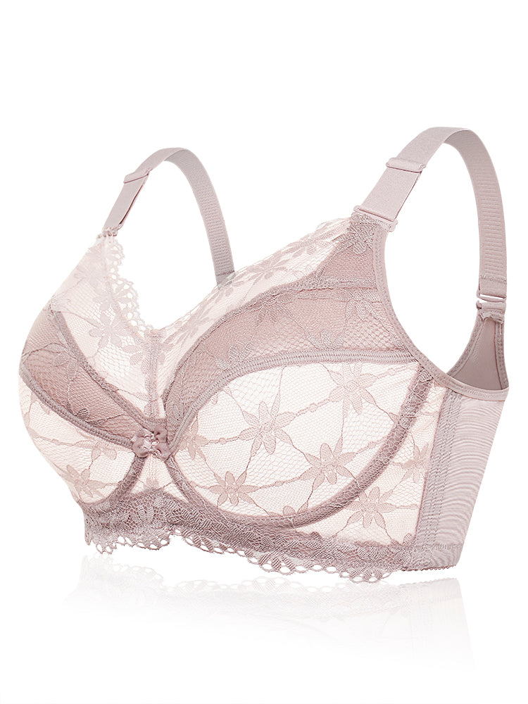 Lace Hollow Full Coverage Gather Push Up Minimizer Bra