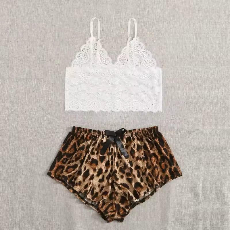 Lace Hollowed Out Camisole Undershirt Leopard Print Shorts Home Cute Casual Sets
