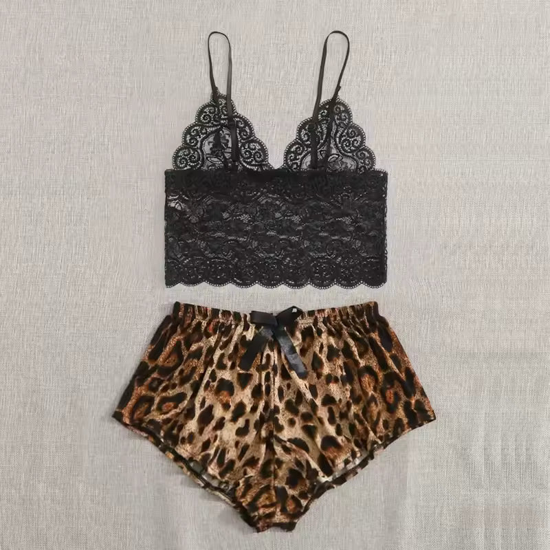 Lace Hollowed Out Camisole Undershirt Leopard Print Shorts Home Cute Casual Sets