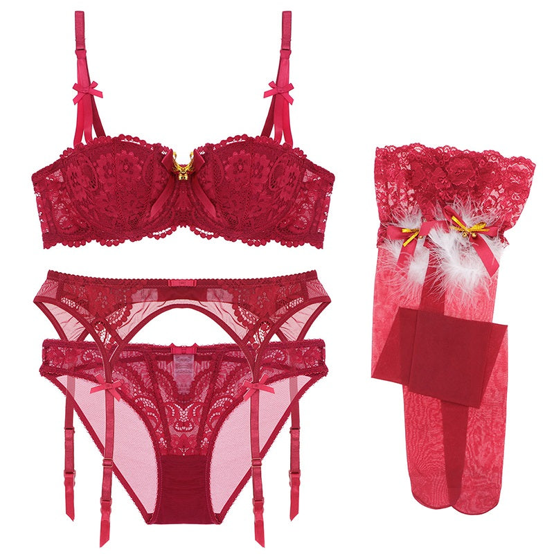 Lace Lingerie Bra Panties Garter Stocking 4pcs Set