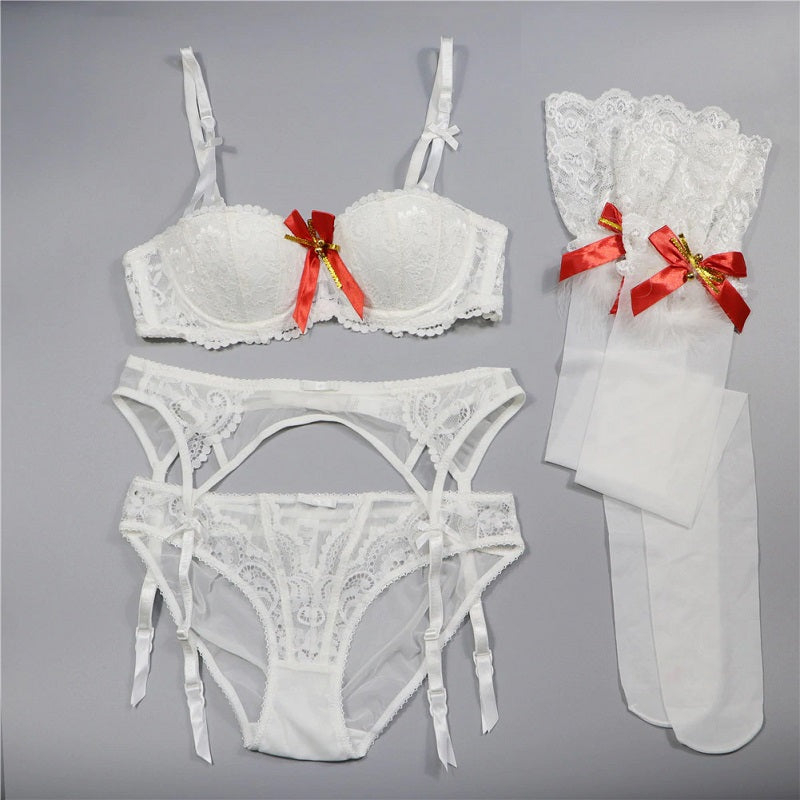 Lace Lingerie Bra Panties Garter Stocking 4pcs Set