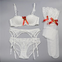 Lace Lingerie Bra Panties Garter Stocking 4pcs Set