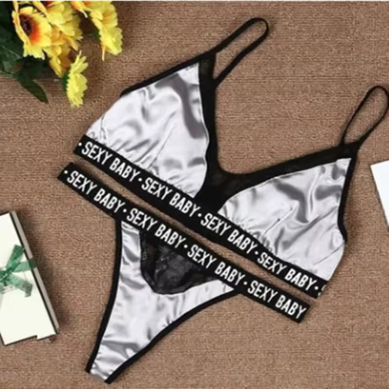 Letter Print Lace Patchwork Underwear Bra and Panty Set