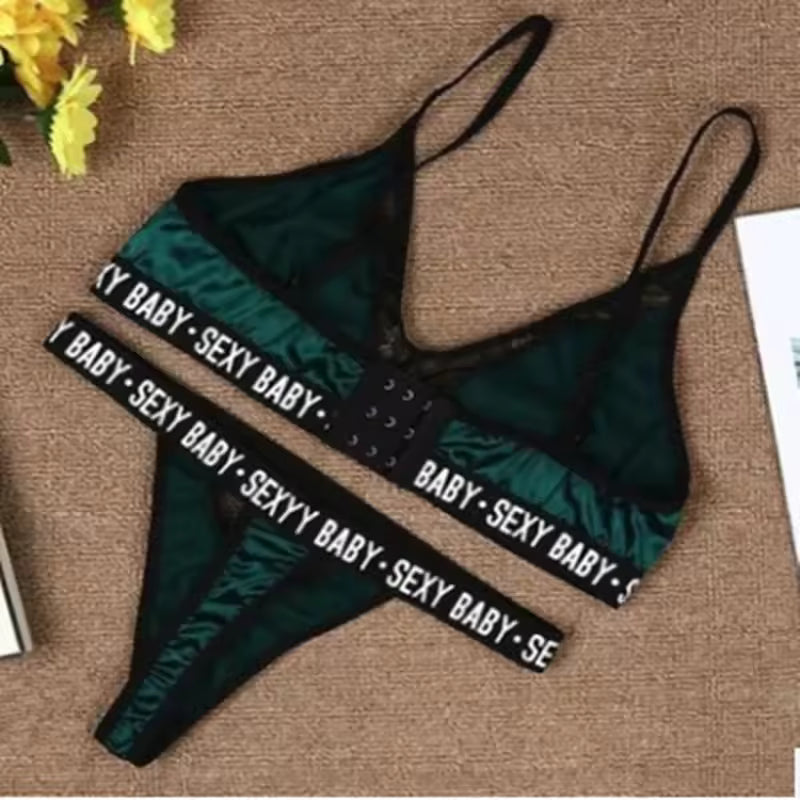 Letter Print Lace Patchwork Underwear Bra and Panty Set
