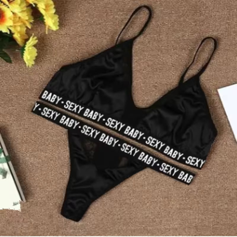 Letter Print Lace Patchwork Underwear Bra and Panty Set