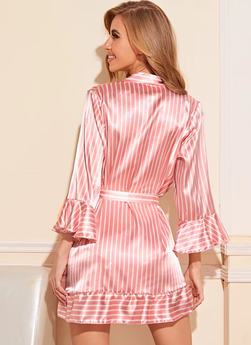 Lace Satin Silk Sleepwear 4 piece Stripe Robe Cardigan Home Clothes Nightwear