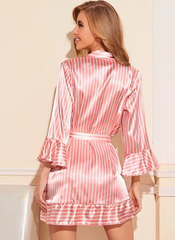 Lace Satin Silk Sleepwear 4 piece Stripe Robe Cardigan Home Clothes Nightwear