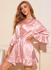 Lace Satin Silk Sleepwear 4 piece Stripe Robe Cardigan Home Clothes Nightwear