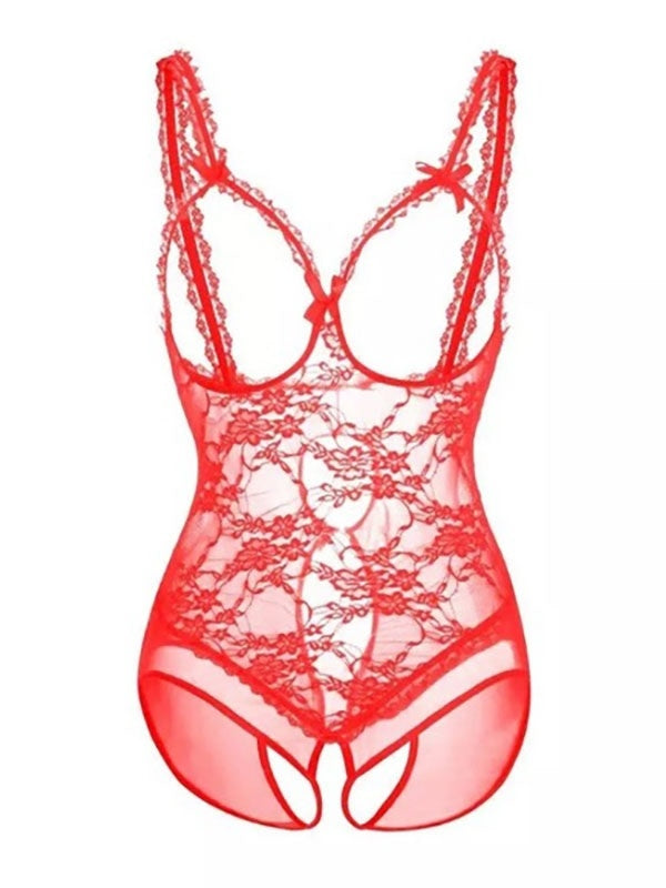 Lace Teddies Bows Cupless Crotchless Sheer Lingerie