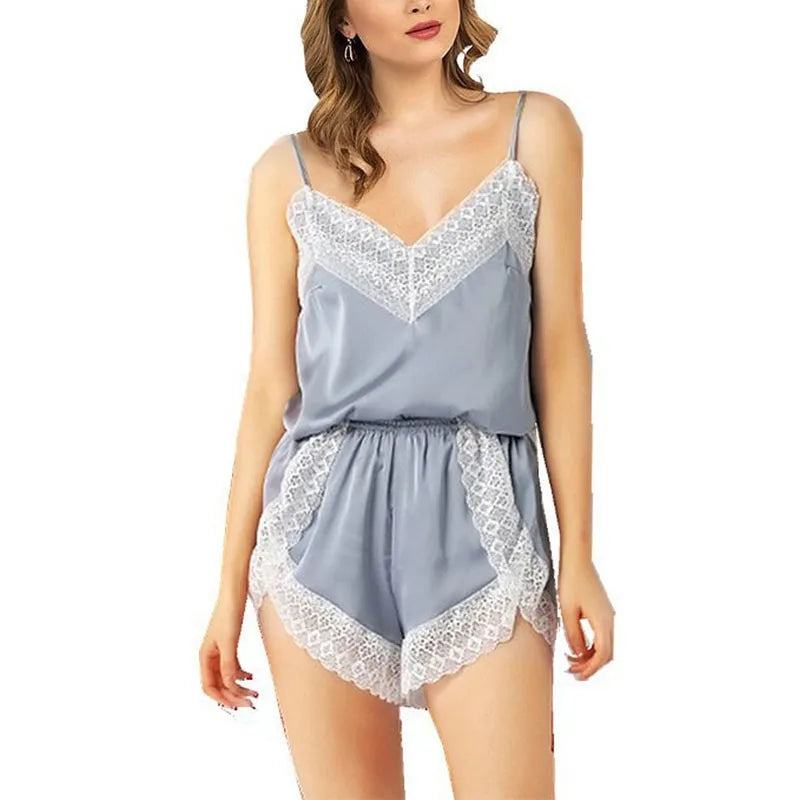 Lace Sleeveless Silk Satin Spaghetti Strappy Top and Shorts Set