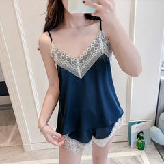 Lace Sleeveless Silk Satin Spaghetti Strappy Top and Shorts Set