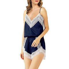 Lace Sleeveless Silk Satin Spaghetti Strappy Top and Shorts Set