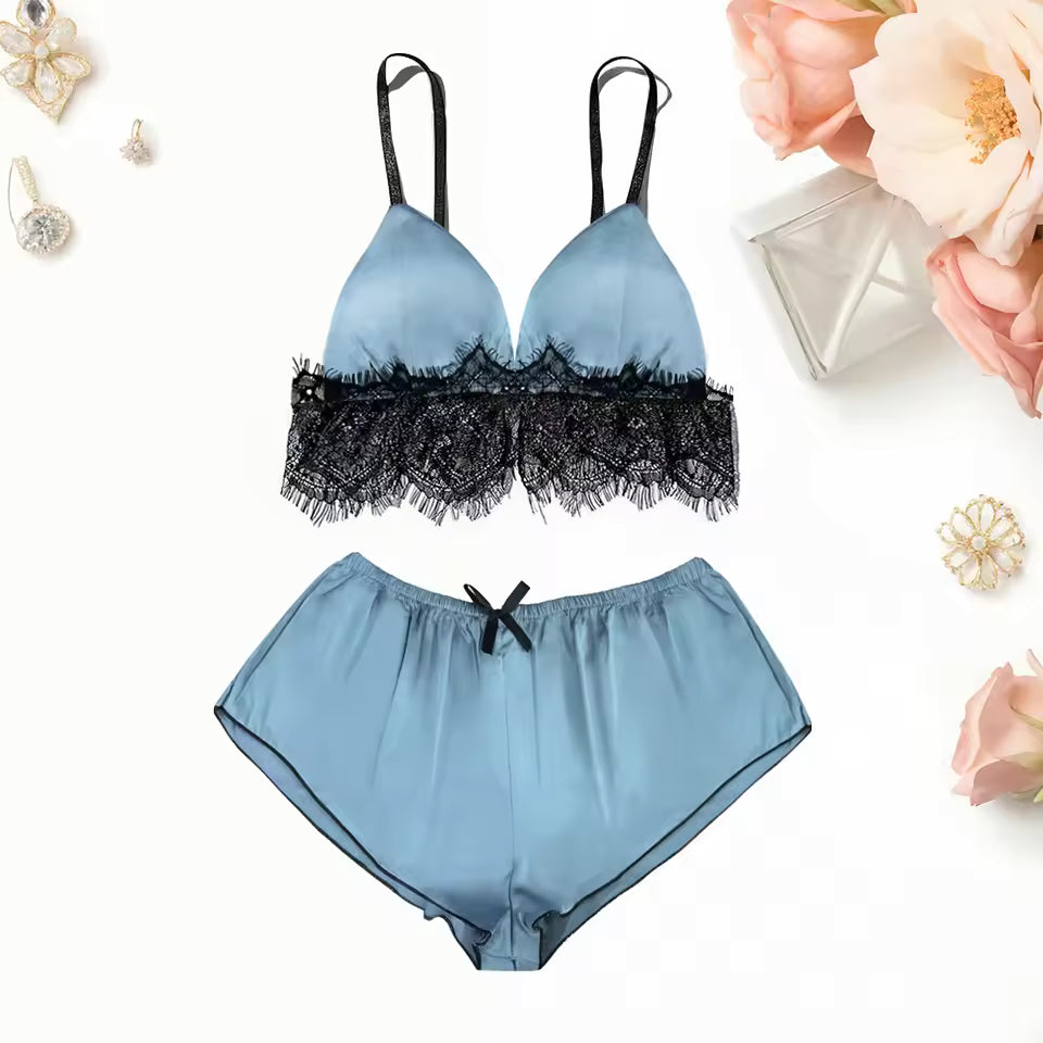Lace Solid Color Comfortable Breathable Suspender Shorts Set