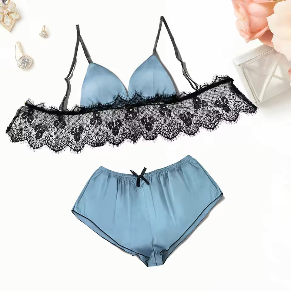 Lace Solid Color Comfortable Breathable Suspender Shorts Set