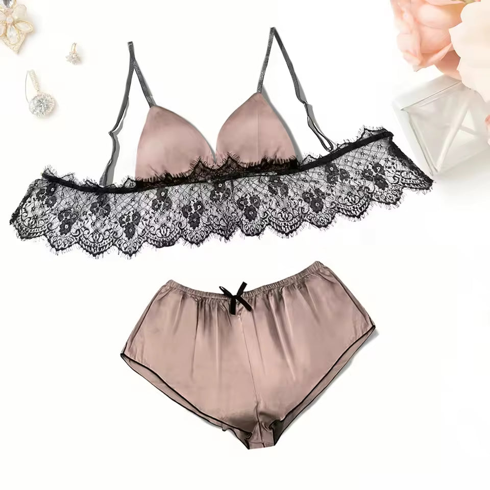Lace Solid Color Comfortable Breathable Suspender Shorts Set