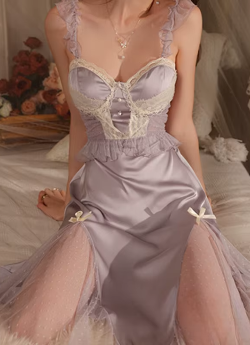 Lace Solid Satin V Neck Long Night Nightgown Sleepwear Princess Nightwear