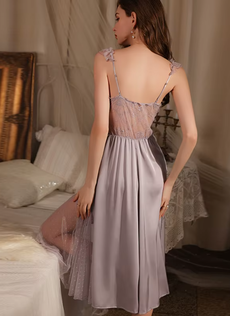 Lace Solid Satin V Neck Long Night Nightgown Sleepwear Princess Nightwear