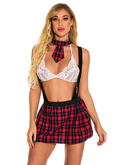 Lace T Back Tie Top Mini Skirt 4 Piece Set Costume Lingerie