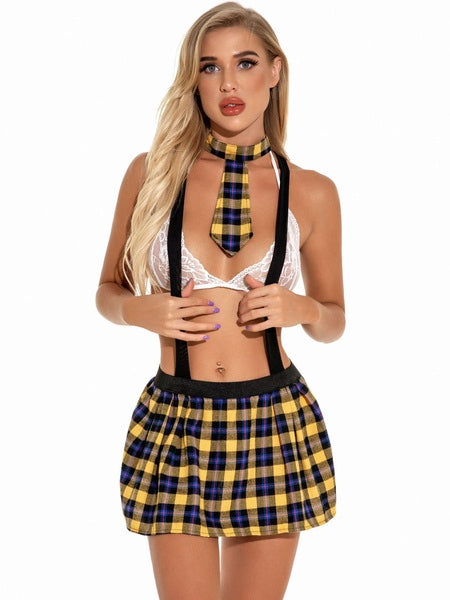 Lace T Back Tie Top Mini Skirt 4 Piece Set Costume Lingerie