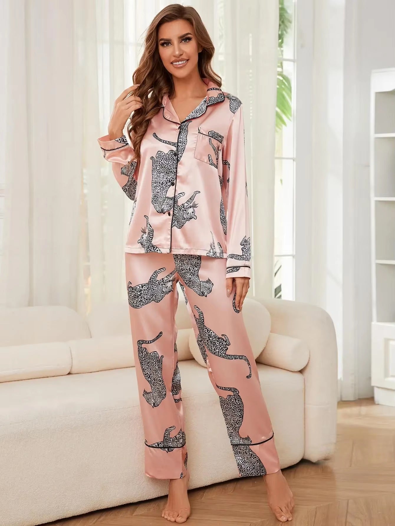 Leopard Print Silk Satin Front Button 2 Piece Pajama Sets
