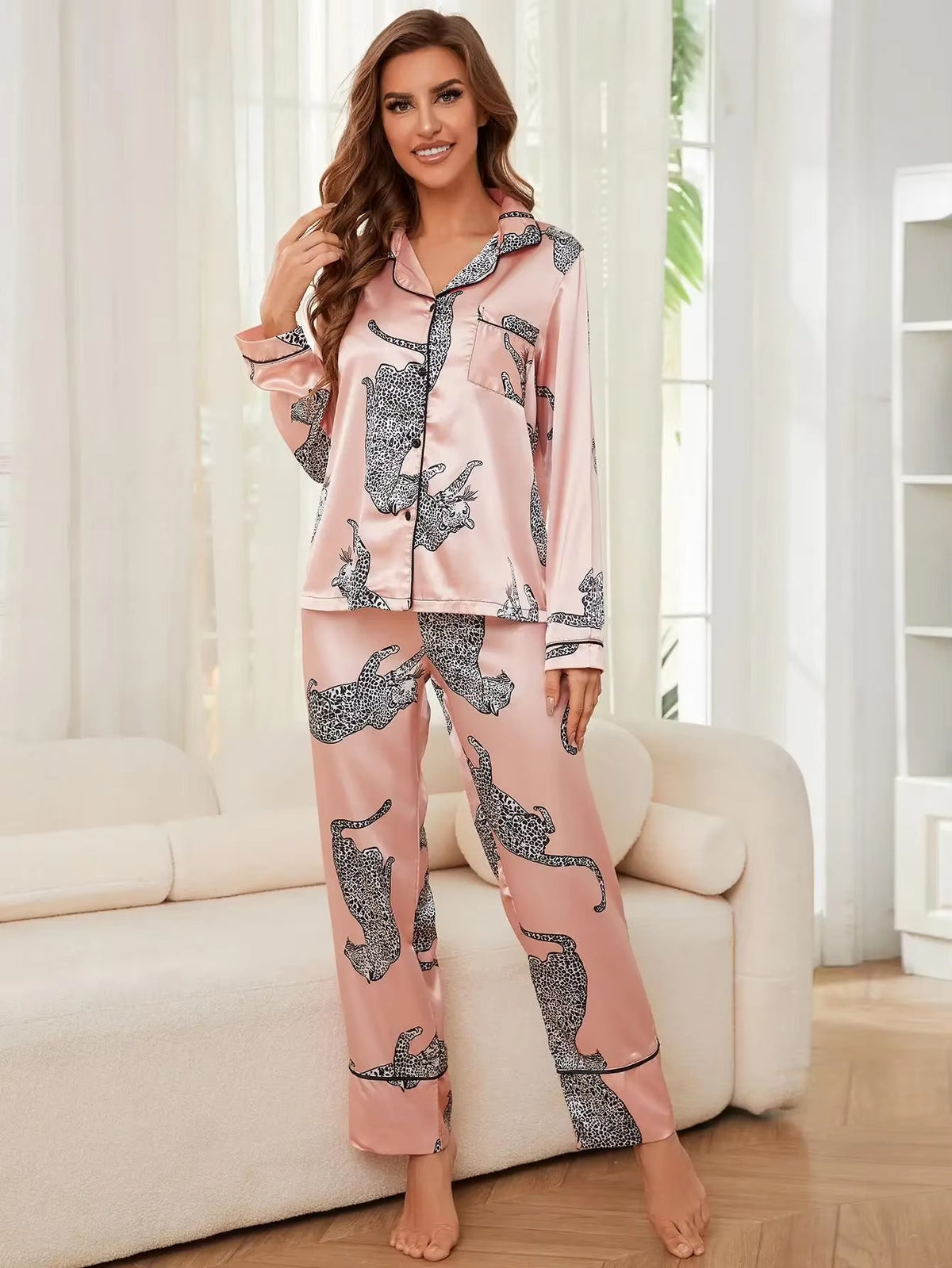 Leopard Print Silk Satin Front Button 2 Piece Pajama Sets