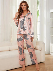 Leopard Print Silk Satin Front Button 2 Piece Pajama Sets