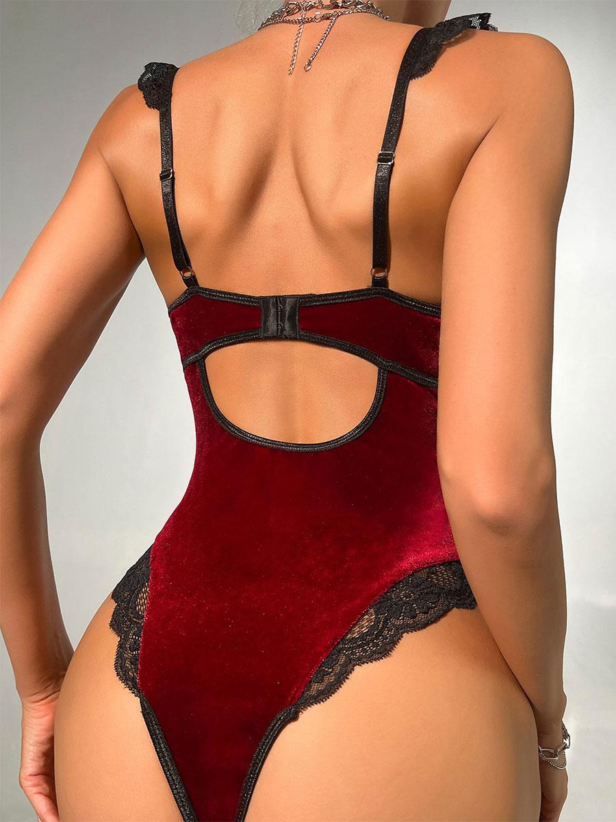 Lingerie Grommets Two-Tone Lace Open Shoulder Velour Teddies
