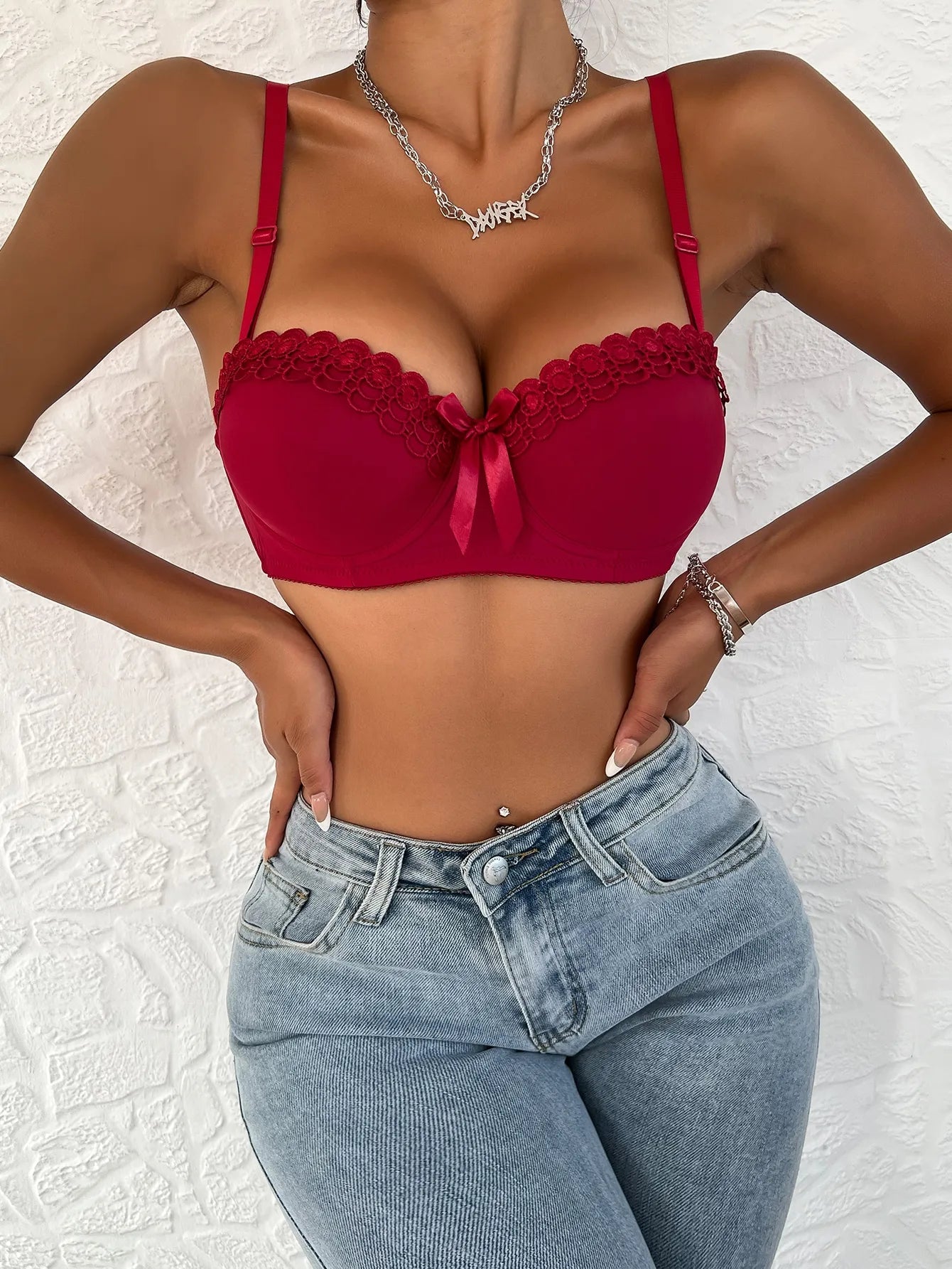 Lingerie High Quality Heavy Duty Lace Design Underwear Bow Daily Push Up Bra