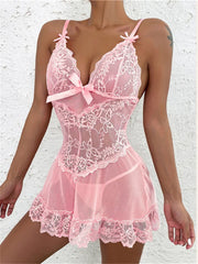 Lingerie Lace Bow See-through Sleeveless Sleepwear Valentines Day Nightgowns