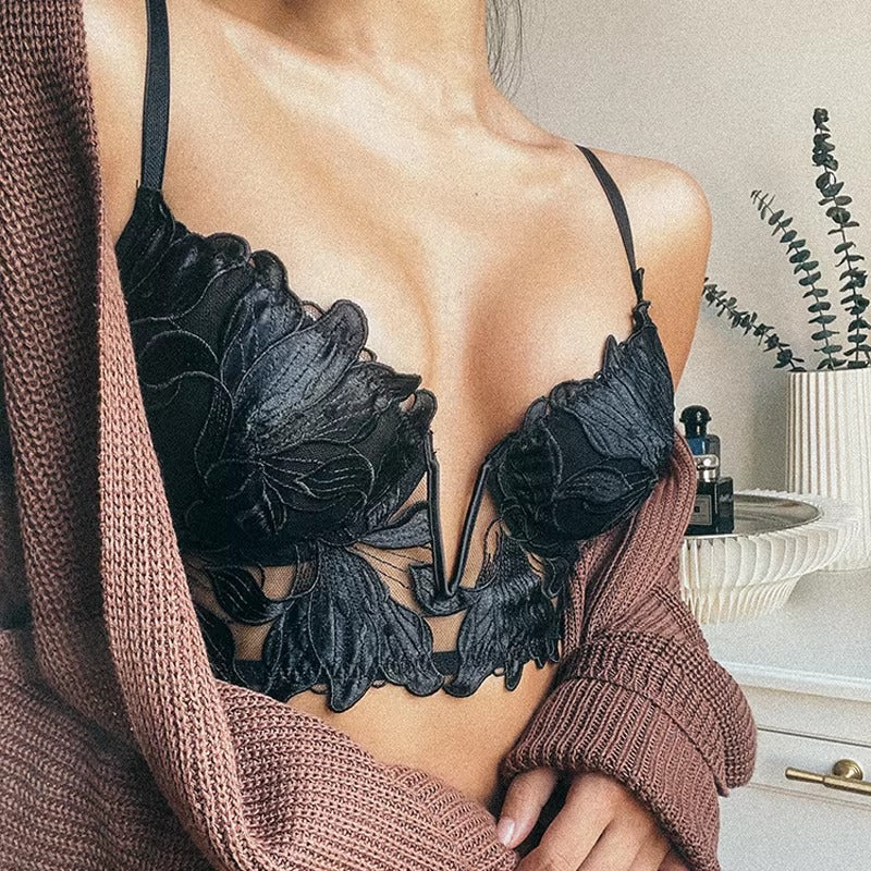 Lingerie Lace Embroidery Brassiere Push Up thin Deep V Bra and Panty Set