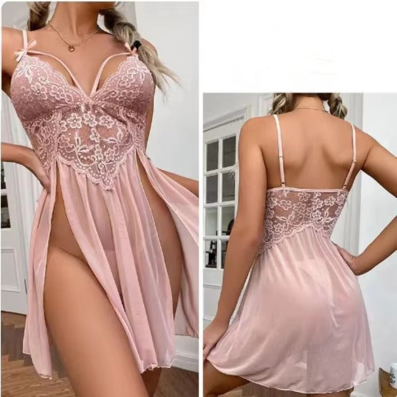 Lingerie Lace Mesh Patchwork Deep V Suspender Long Skirt T-back Nightdress