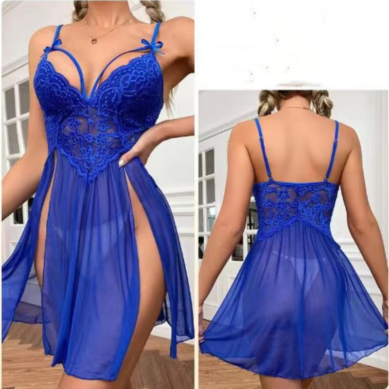 Lingerie Lace Mesh Patchwork Deep V Suspender Long Skirt T-back Nightdress