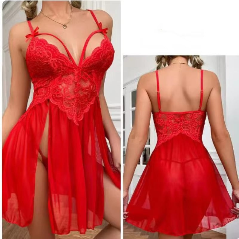 Lingerie Lace Mesh Patchwork Deep V Suspender Long Skirt T-back Nightdress