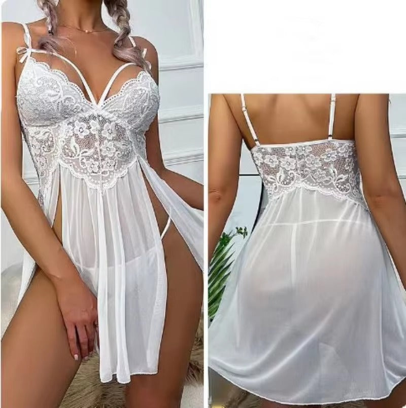 Lingerie Lace Mesh Patchwork Deep V Suspender Long Skirt T-back Nightdress