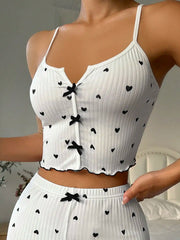 Lingerie Lace Patchwork Heart Print Bowknot Decoration Sleeveless V-Neck Cami Sleepwear Set