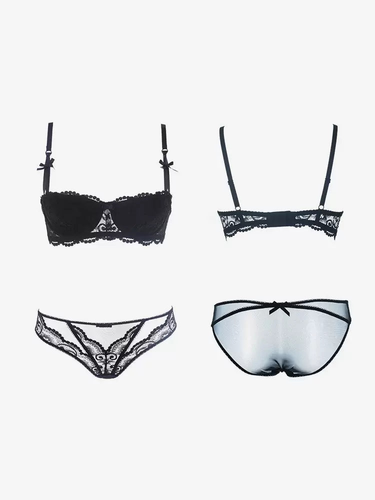 Lingerie Lace Solid Color Tulle Bridal 3-Piece Bra Panty Garter Sets