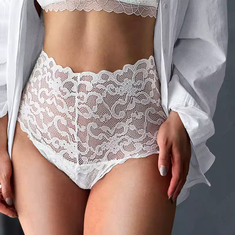 Lingerie Lace Underwear High Waist Briefs Embroidery G String Underpant Solid Transparent Panties