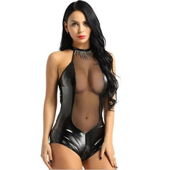 Lingerie Open Crotch Leather Erotic Below Porn Breast Exposing Transparent Bodysuit