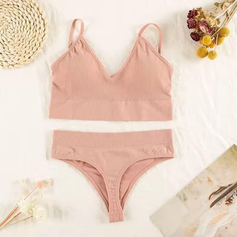 Lingerie Panties Bra G-String Seamless Tank Crop Top Brassiere Underwear Set