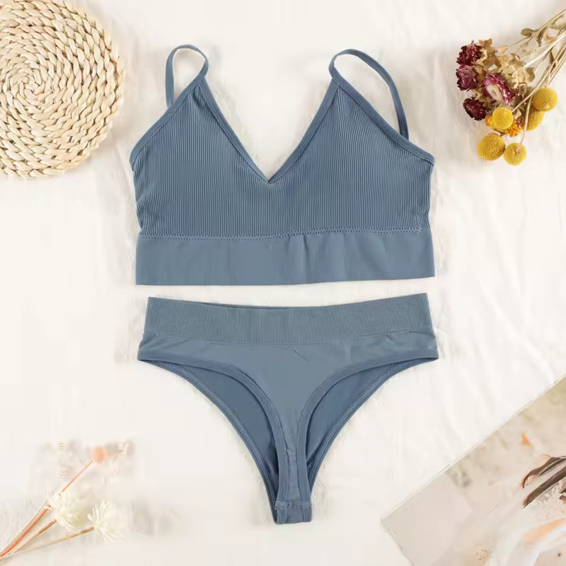 Lingerie Panties Bra G-String Seamless Tank Crop Top Brassiere Underwear Set