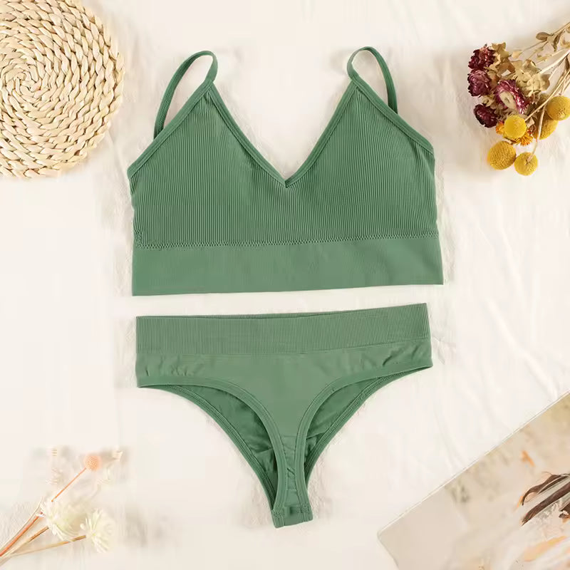 Lingerie Panties Bra G-String Seamless Tank Crop Top Brassiere Underwear Set