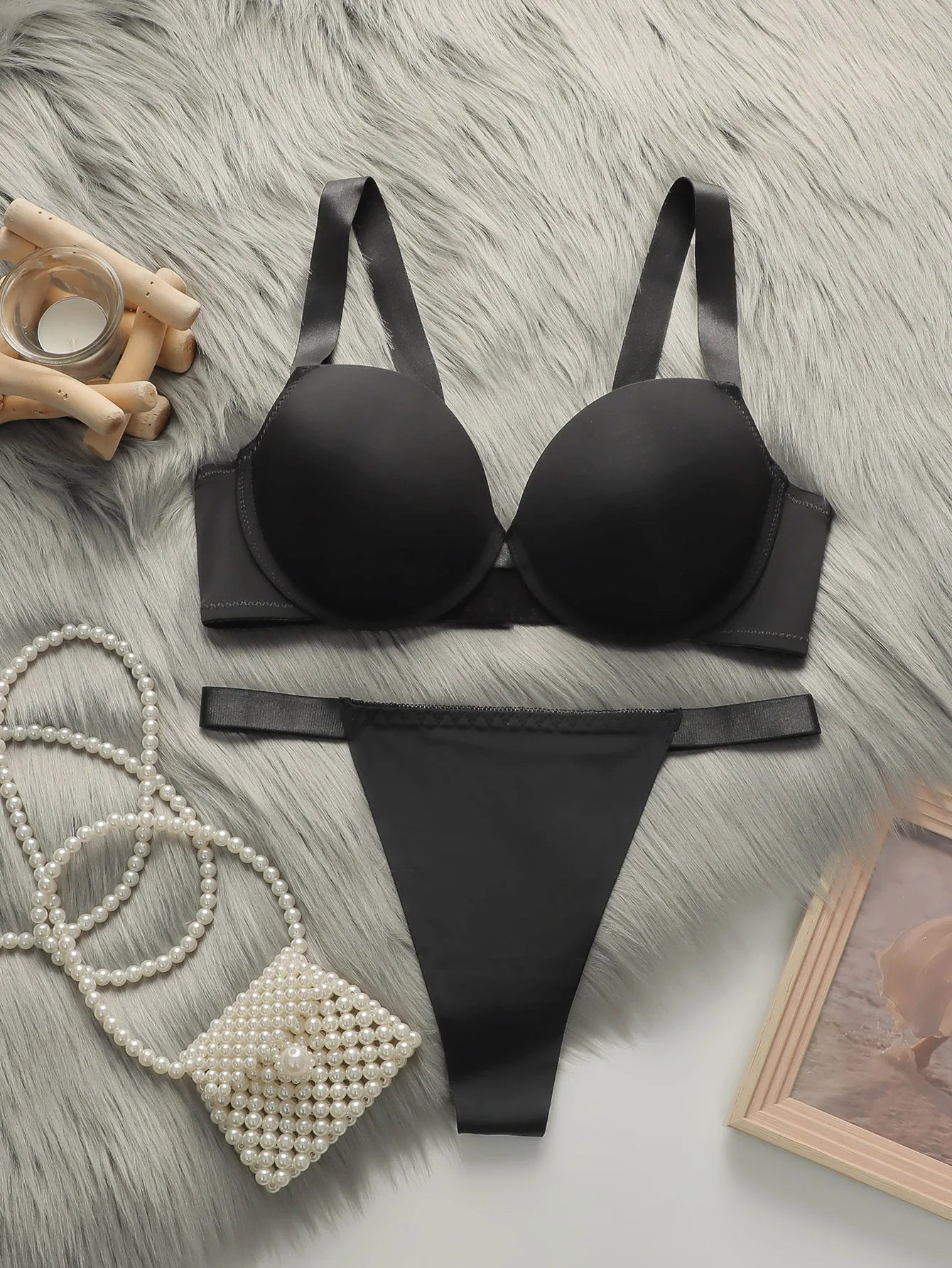 Lingerie Soild Color Brassiere Push Up Bra 3/4 Cup Comfortable Intimates Underwear Panties Set