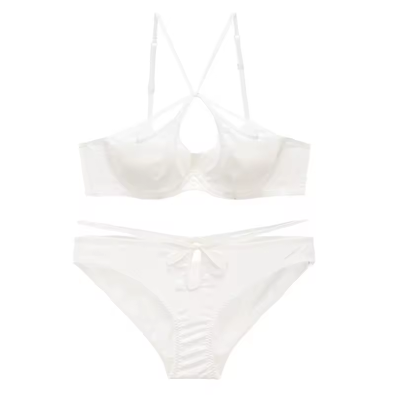 Lingerie Suit Satin Cross Tie Back Underwear Thin Soft Steel Ring Gathered Bra Set